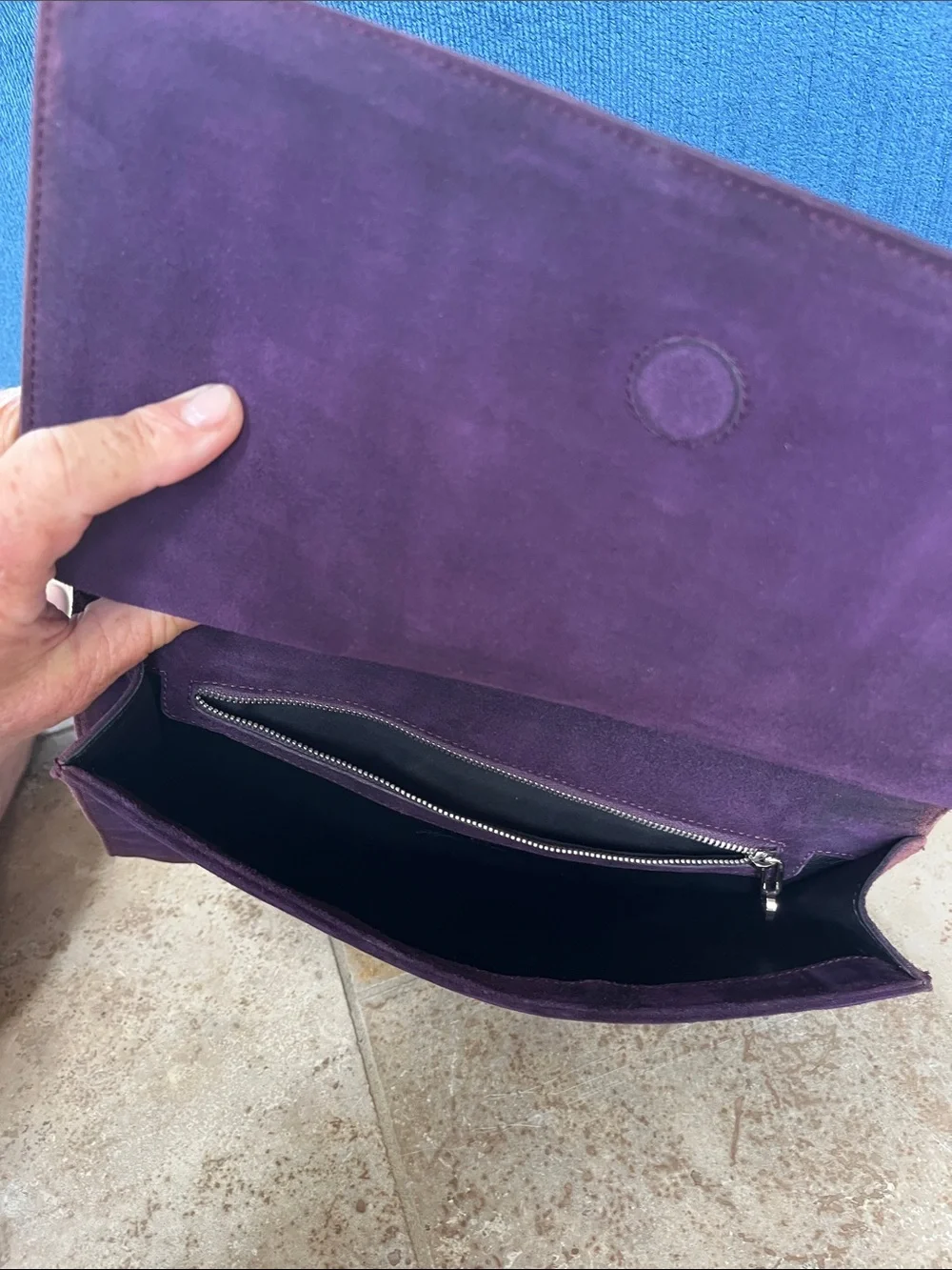 Roger Vivier Suede clutch w/Croc detail.   Loved and worn w/lots more life.
